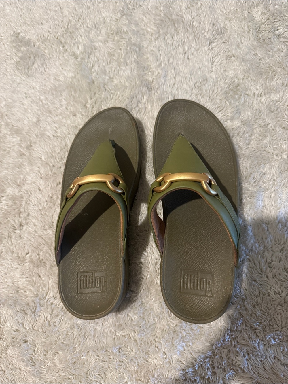 Fitflop Olive Green Leather Toe-Post Sandals with Gold Accent